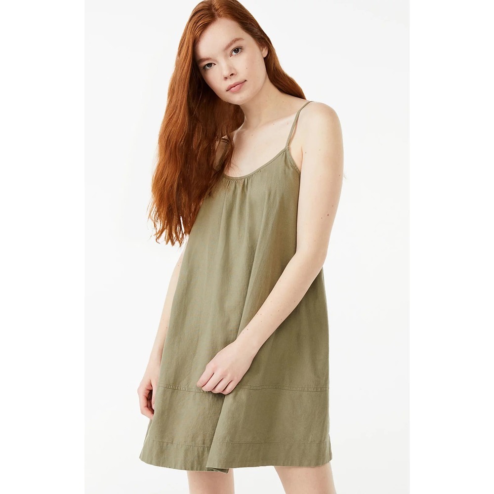 Free Assembly Women's Swing Mini Dress Linen Blend Olive Green Adjustable Straps